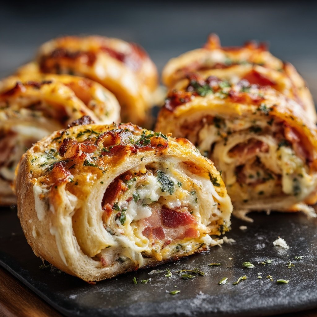 Frühstücksrollen mit Rührei, Käse und Speck