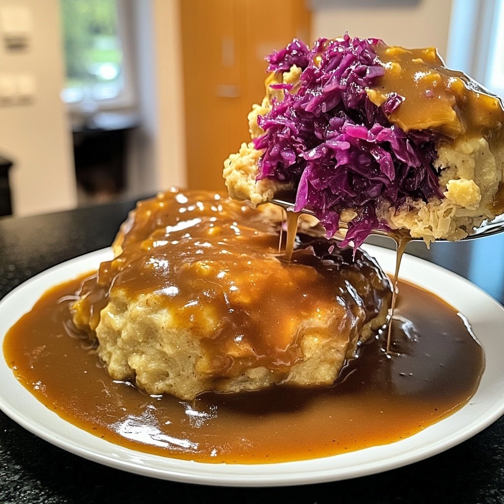 Saftige Semmelknödel mit Rotkohl & Bratensoße