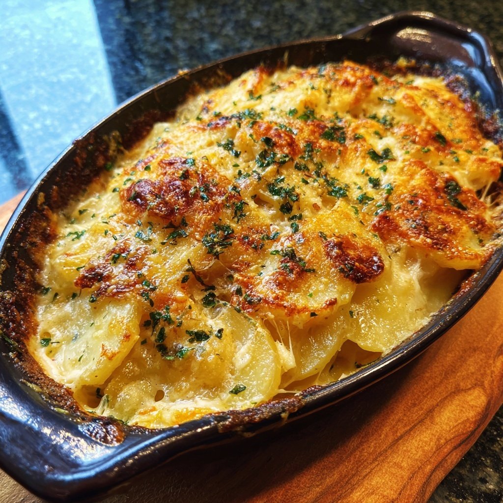 Kartoffelgratin-Raclettepfännchen mit Sahne, Knoblauch und Käse​