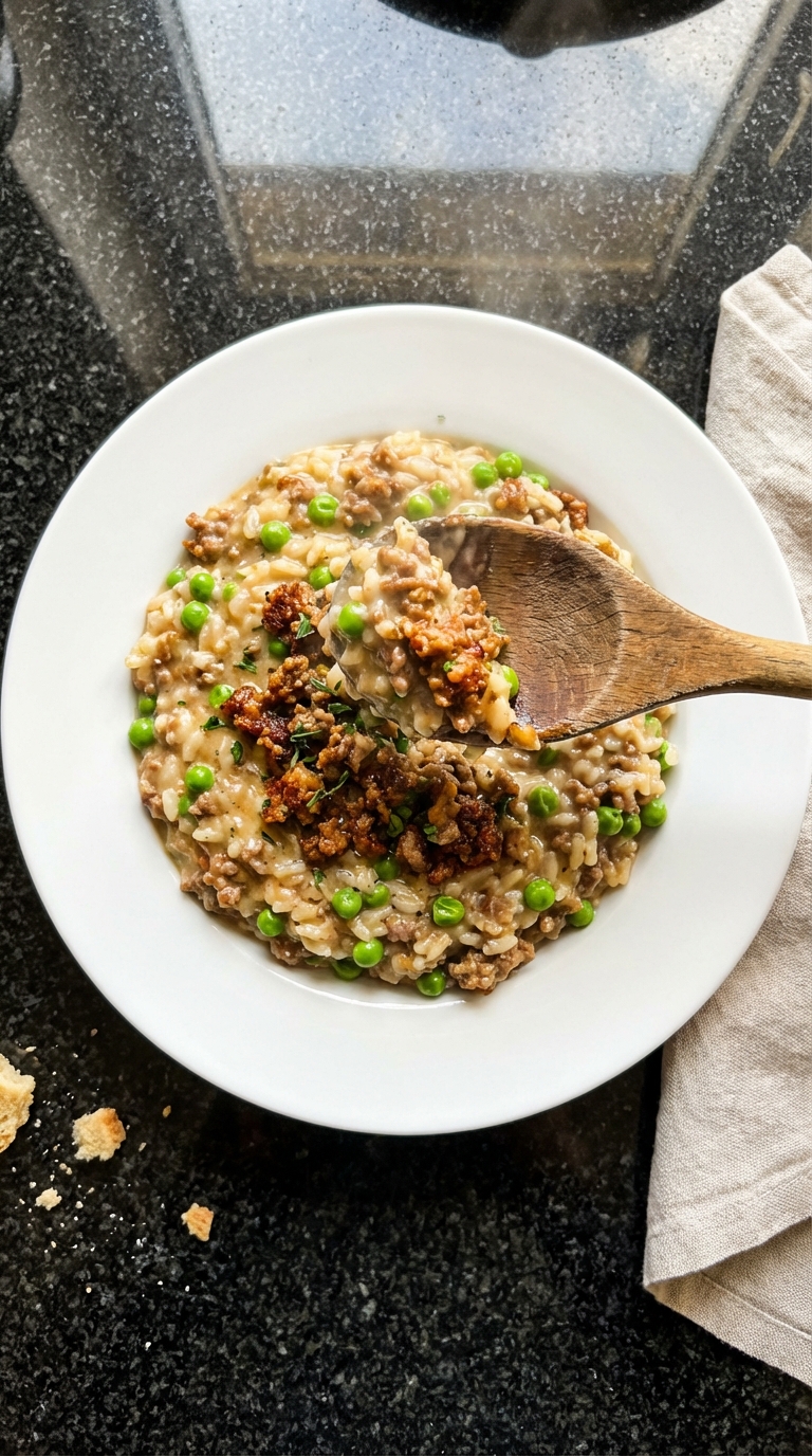 Hackfleisch Risotto mit Erbsen