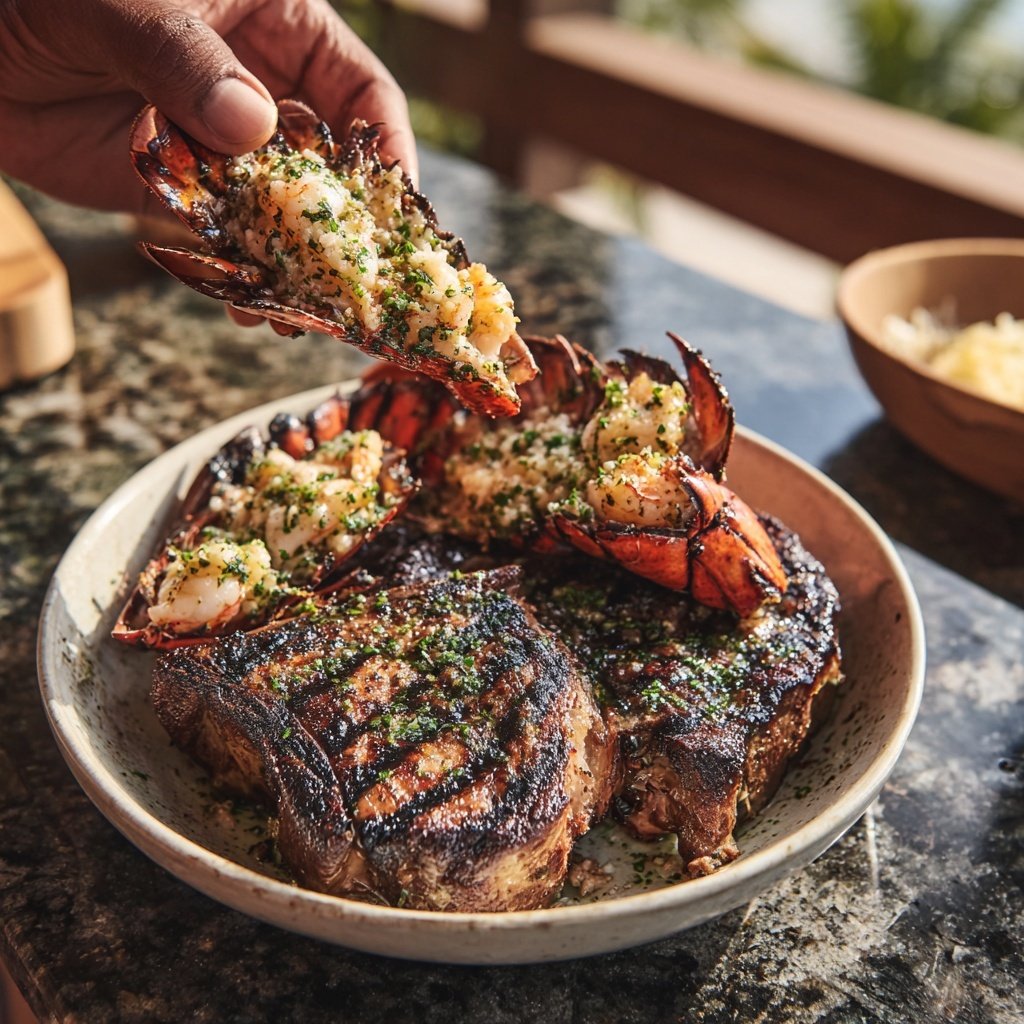 Gegrilltes Rindfleisch und Hummer à la Surfside