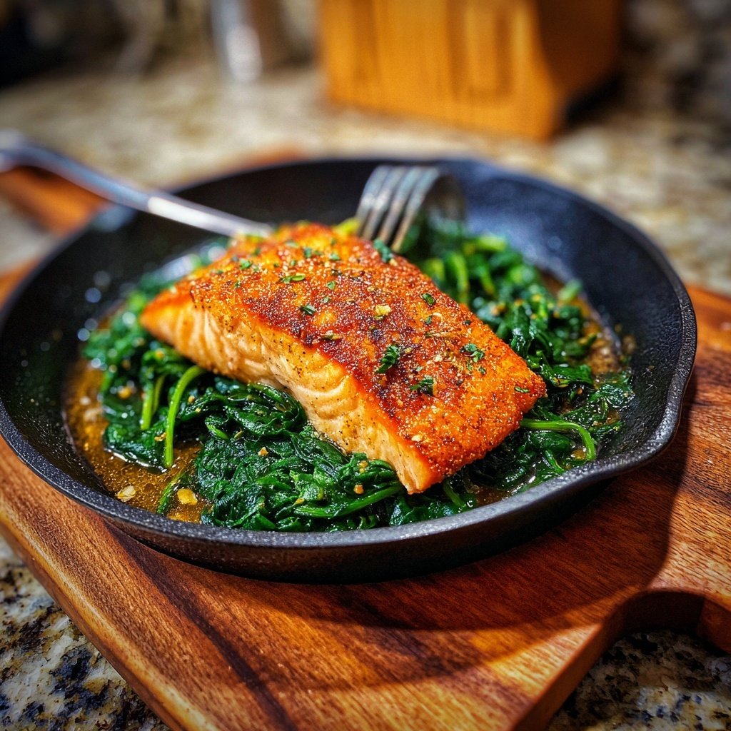 Pfannen-gebratener Lachs mit Knoblauchspinat