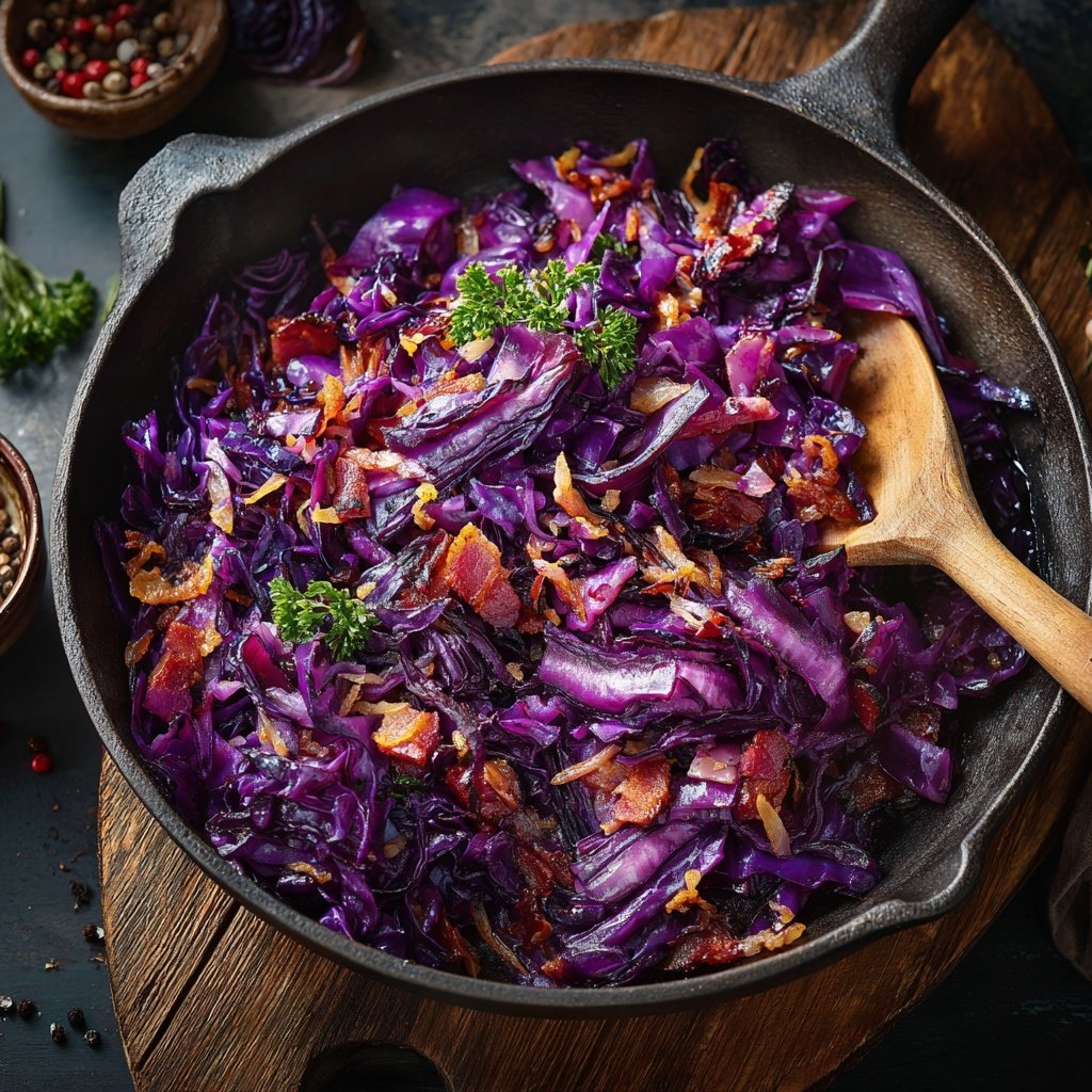 Winter-Schupfnudelpfanne mit Rotkohl und Mock Duck
