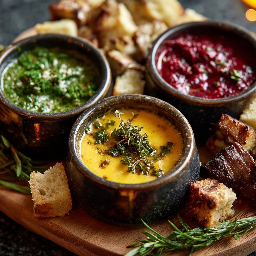 Weihnachtsfondue mit Rind, Geflügel und drei Dips​