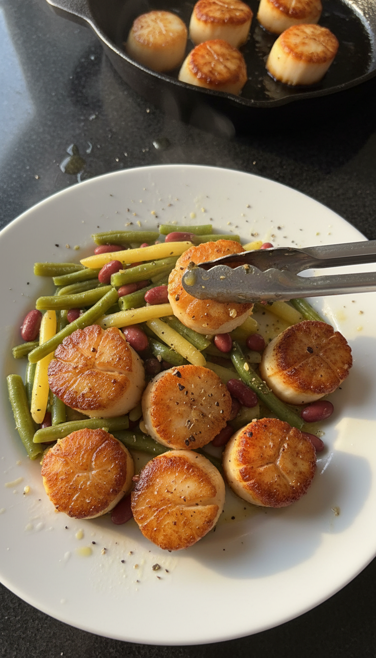 Pfannen Jakobsmuscheln mit Bohnen